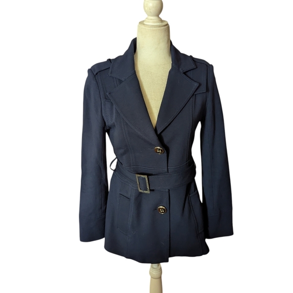 Vtg Cache Navy Blazer Trench Coat Belted office Siren Knit Old Money Sz S - Picture 6 of 9